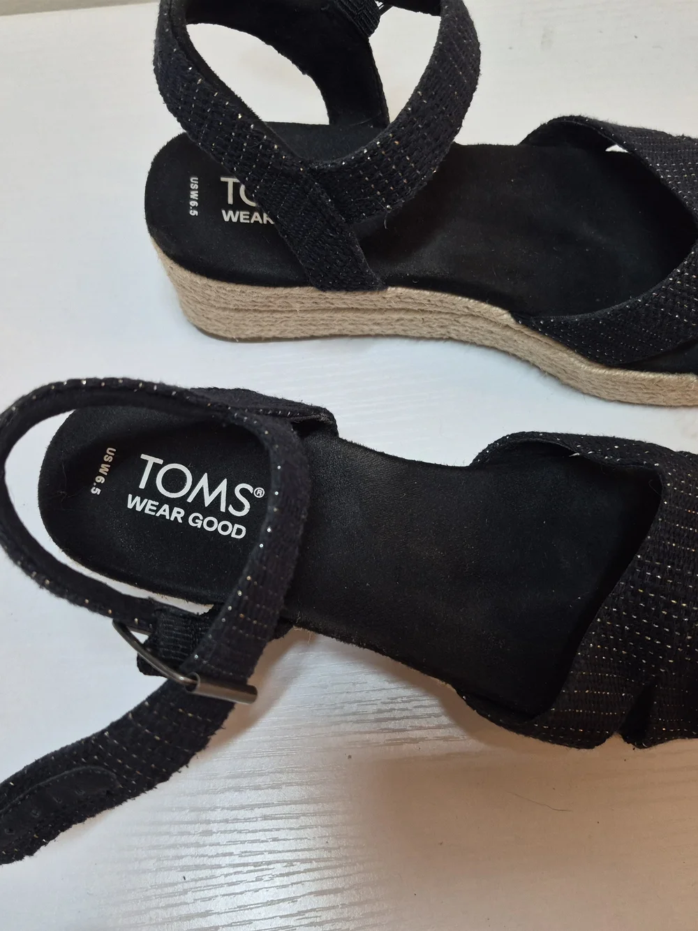 Toms Black Espadrille Wedge Sandals with Subtle Metallic Thread